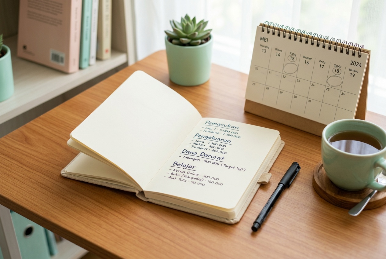 Buku jurnal dan kalender minggu, ilustrasi kebiasaan keuangan yang mendukung belajar