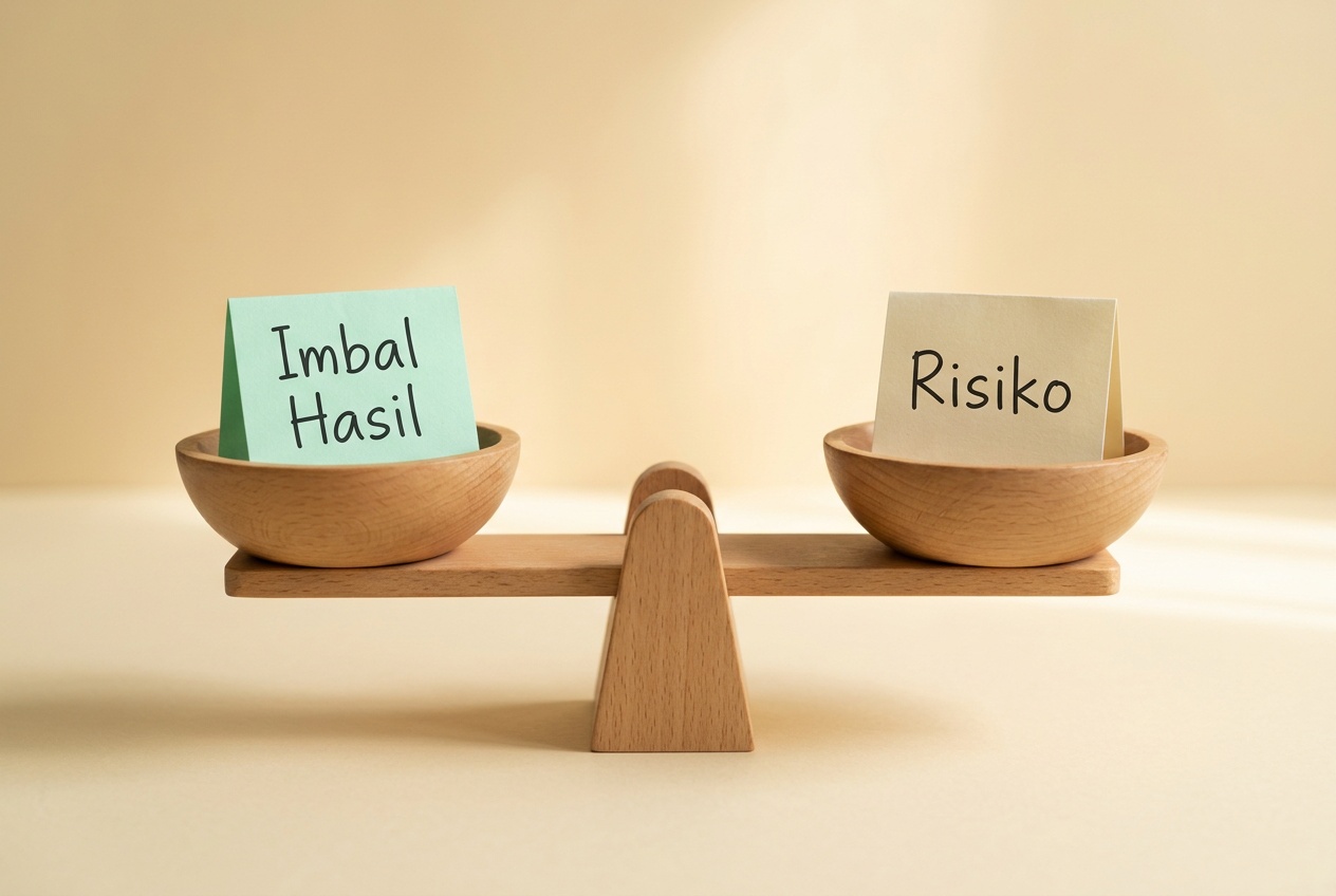 Timbangan kecil dengan dua mangkok, ilustrasi imbal hasil dan risiko
