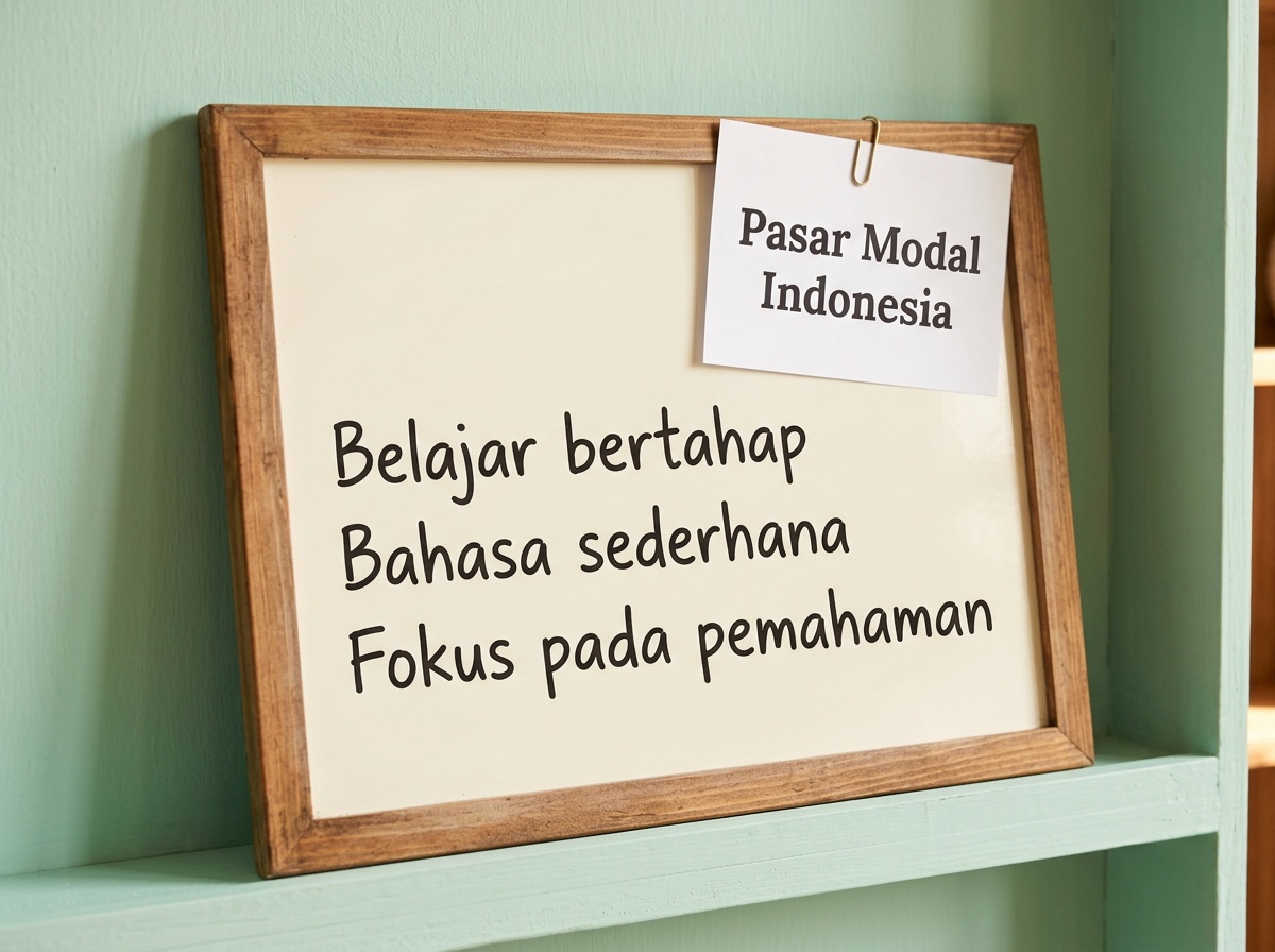 Papan pelajaran dengan tulisan tangan tentang istilah-istilah dasar pasar modal Indonesia